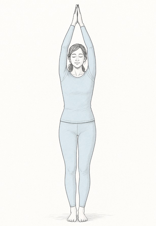 Woman performing Urdhva Hastasana (Upward Salute Pose) with arms raised overhead, wearing full-sleeve yoga outfit