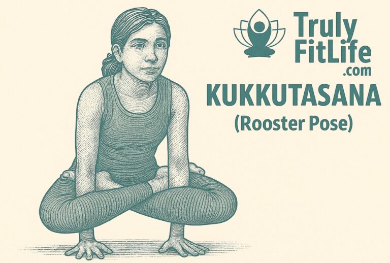 Engraving-style illustration of Kukkutasana (Rooster Pose) yoga, showing a woman practicing the asana in a detailed vintage line art style with green ink.
