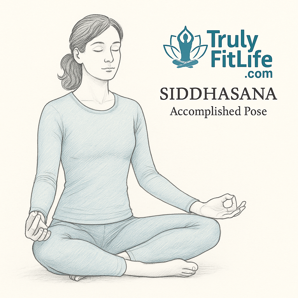 Pencil-style line art of a woman in Siddhasana, the Accomplished Pose, wearing a light blue full-sleeve yoga top and leggings, seated with one heel near the perineum and the other heel above the opposite ankle, hands in Jnana Mudra, TrulyFitLife.com logo and pose name on the right.