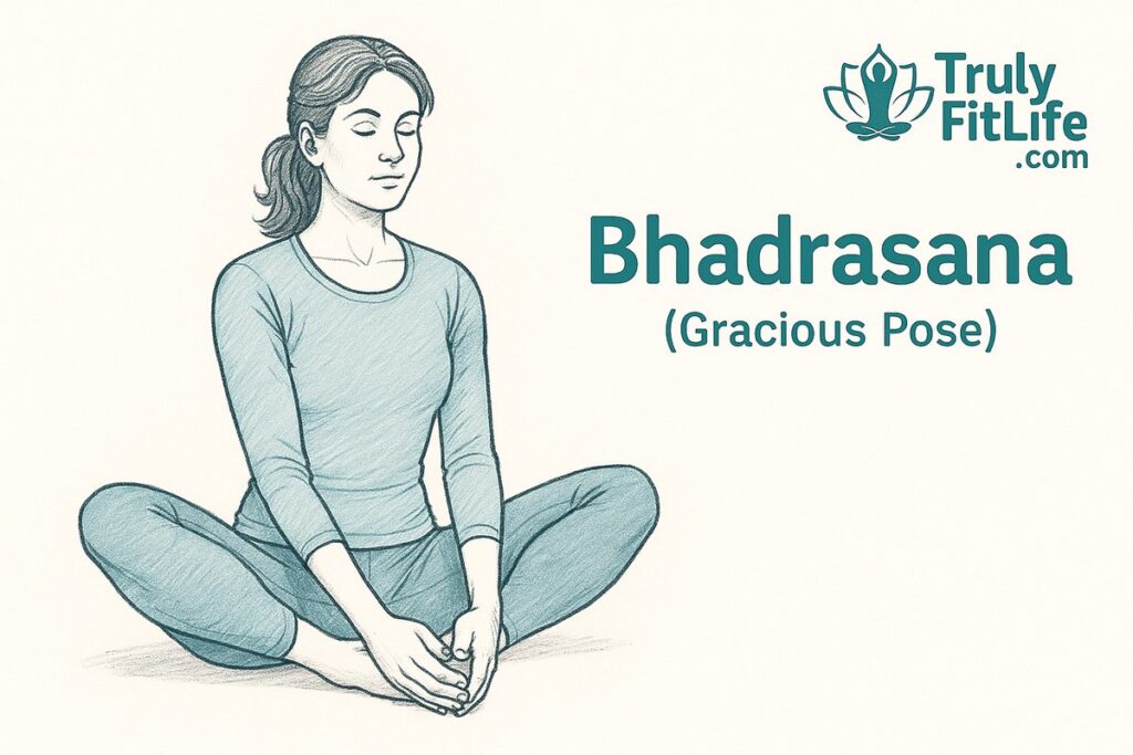 Pencil-style line art of a woman in Bhadrasana, the Gracious Pose, wearing a light blue full-sleeve yoga top and leggings, seated with feet together and knees apart, holding her feet with hands, TrulyFitLife.com logo and pose name on the right.