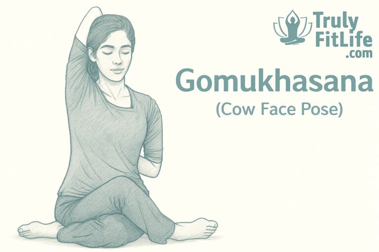 Gomukhasana – Cow Face Pose yoga illustration, pencil sketch style with Truly FitLife logo