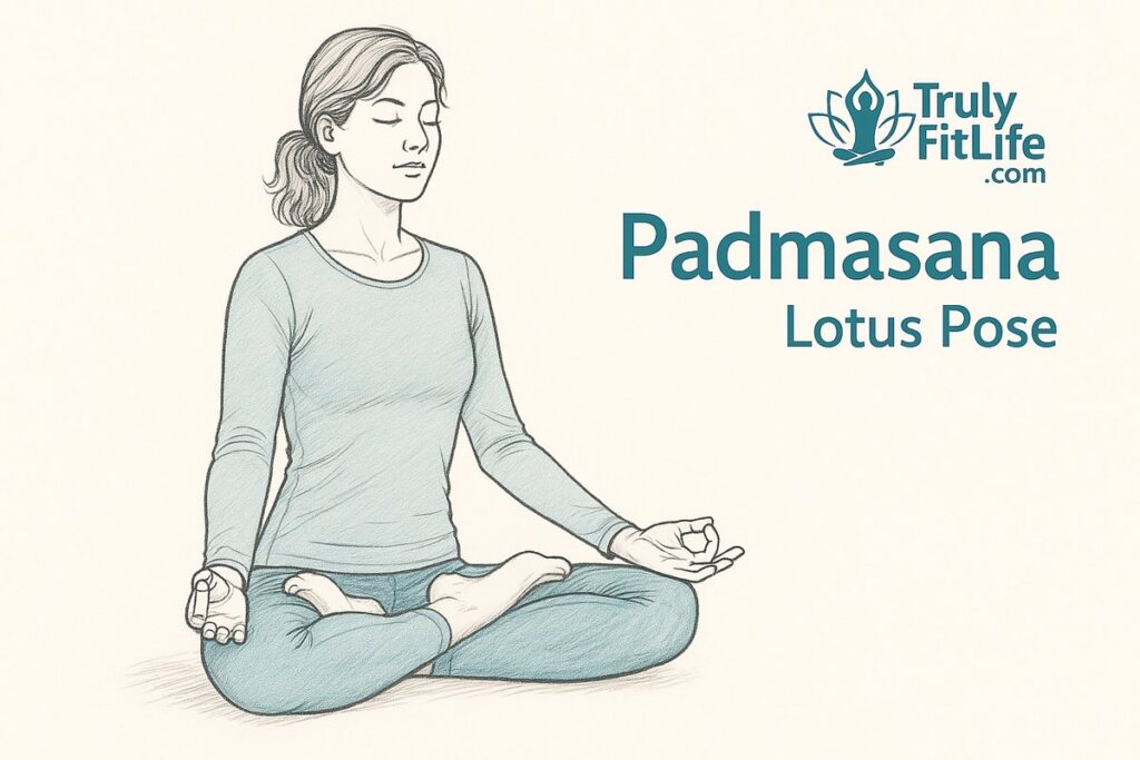 Pencil-style line art of a woman in Padmasana, the Lotus Pose, wearing a light blue full-sleeve yoga top and leggings, seated with crossed legs and feet on opposite thighs, hands in Jnana Mudra, TrulyFitLife.com logo and pose name on the right.