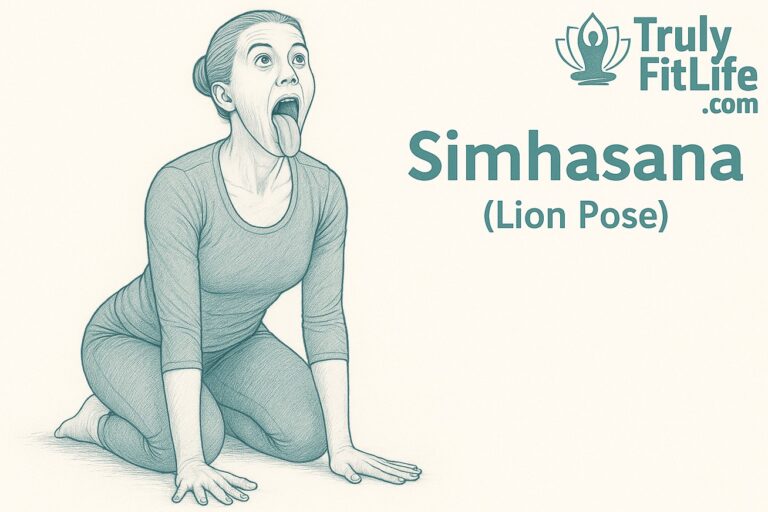 Simhasana (Lion Pose) illustration – woman in kneeling position with hands on floor, tongue extended, eyes wide open, yoga for facial relaxation and voice clarity.