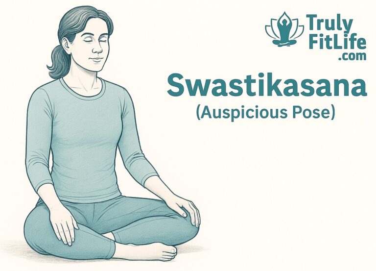 Swastikasana – Auspicious Pose yoga illustration, woman seated cross-legged with symmetrical ankle lock, pencil-style line art, Truly FitLife