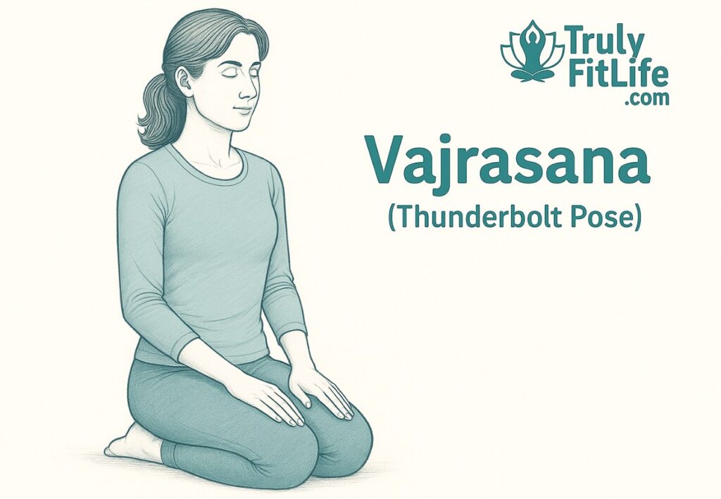 Vajrasana – Thunderbolt Pose yoga illustration, woman kneeling with straight posture, pencil-style line art, Truly FitLife