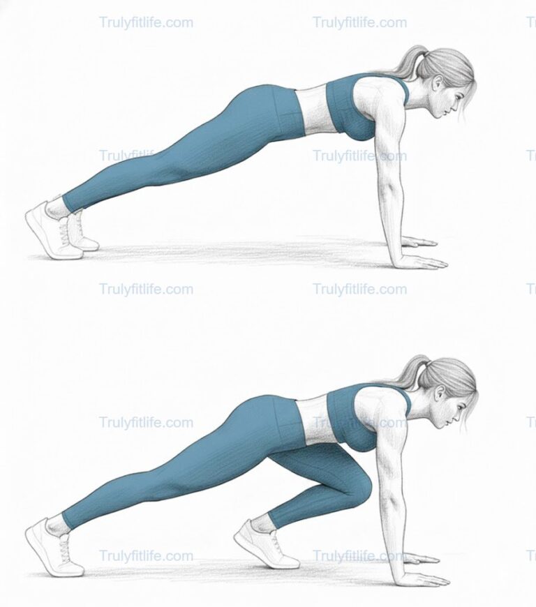 Climbers exercise – woman performing mountain climbers step-by-step