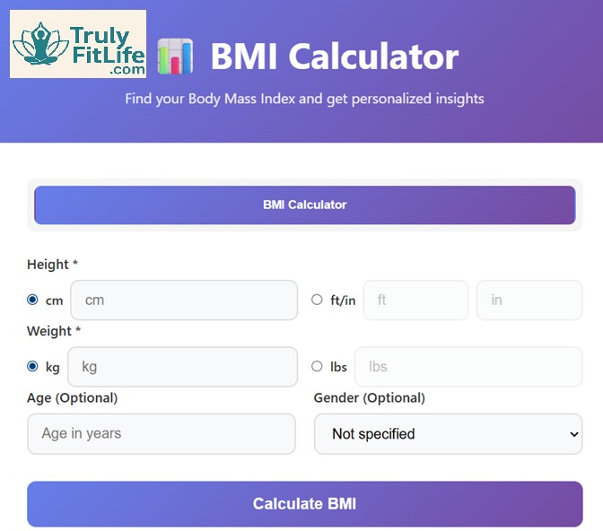 "BMI Calculator interface by TrulyFitLife showing height and weight inputs with modern design"