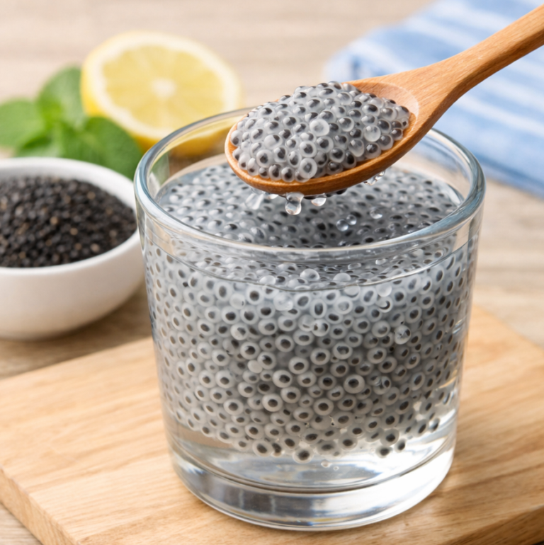Basil seeds (Sabja) soaked in water showing gel texture