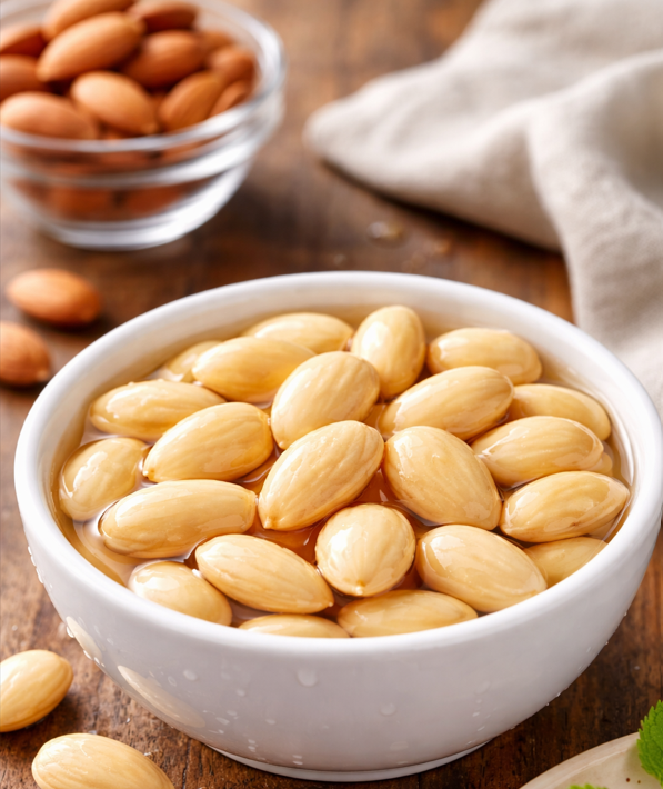 Soaked almonds in water bowl peeled almonds healthy morning food