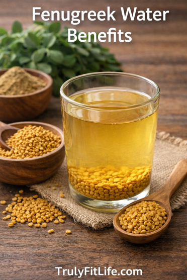 Fenugreek water benefits with soaked methi seeds in a glass for digestion and weight loss