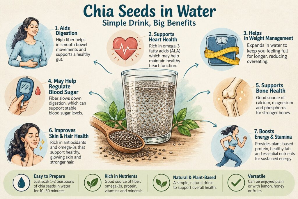 Infographic illustrating chia seeds in water benefits, including fiber for digestion, omega-3 fatty acids, satiety, and essential nutrients.