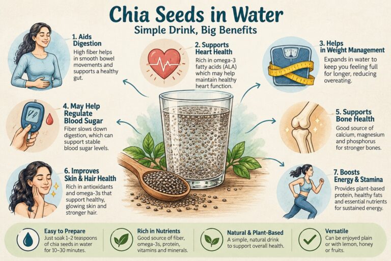 Infographic illustrating chia seeds in water benefits, including fiber for digestion, omega-3 fatty acids, satiety, and essential nutrients.