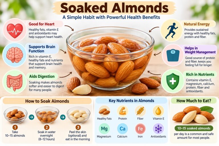 Soaked almonds benefits infographic showing heart health, brain function, digestion, nutrients, overnight soaking instructions, and daily serving suggestions.