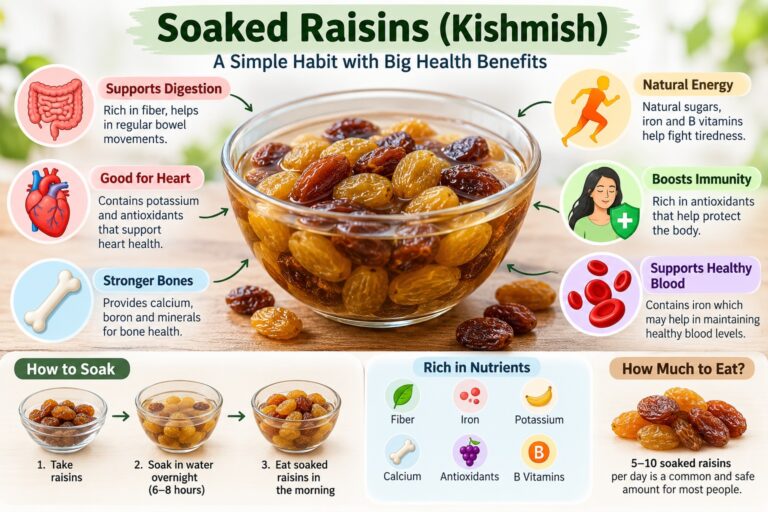 Soaked raisins benefits infographic showing digestion, heart health, natural energy, nutrients, soaking instructions, and serving suggestions.