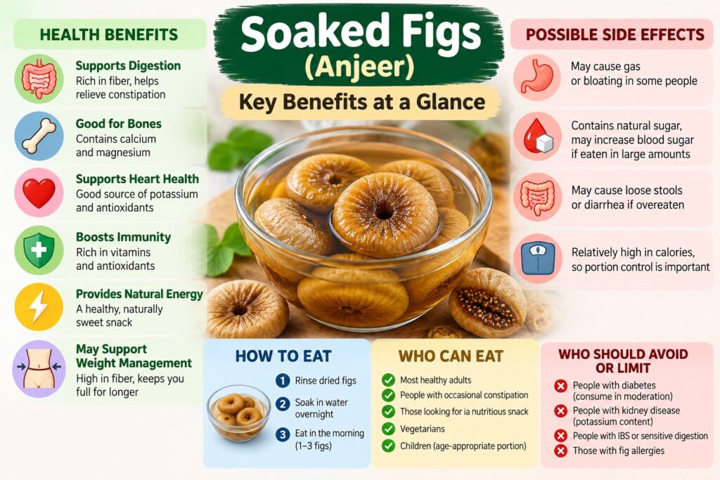 Soaked figs benefits, side effects, nutrition, and how to eat anjeer infographic