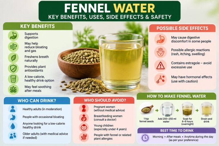 Fennel water benefits and side effects infographic showing preparation, possible benefits, safety precautions, and who should avoid it.