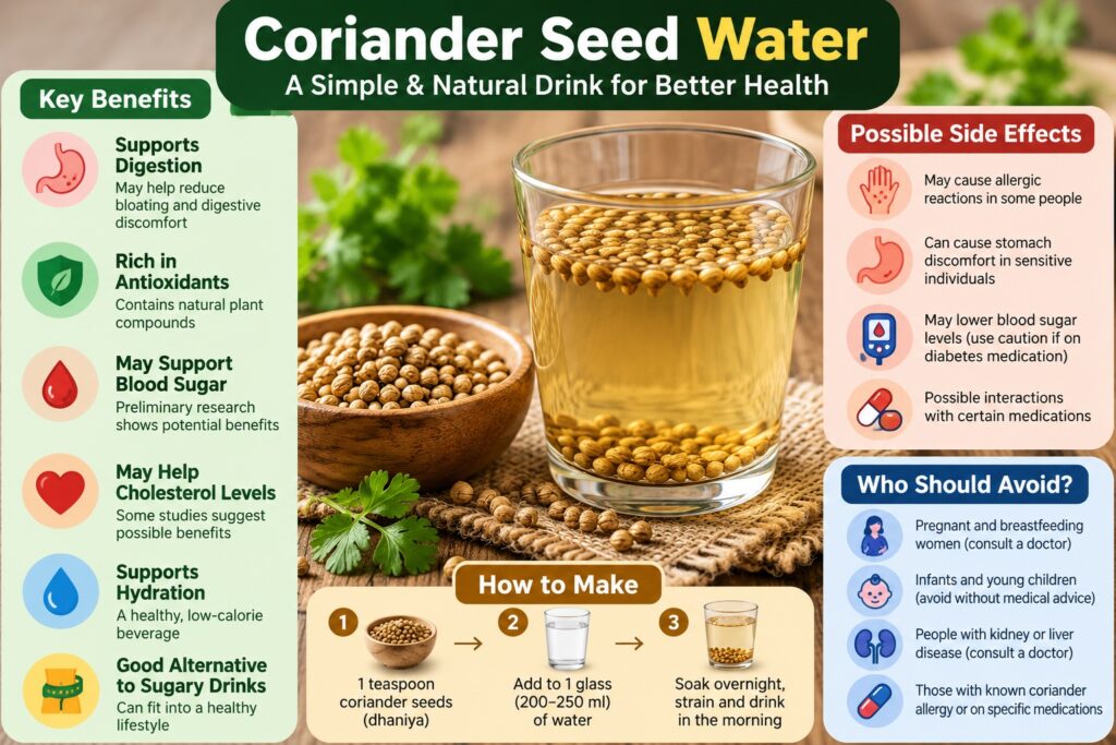 Coriander seed water benefits infographic showing digestion, antioxidants, hydration, possible side effects, precautions, and preparation method.