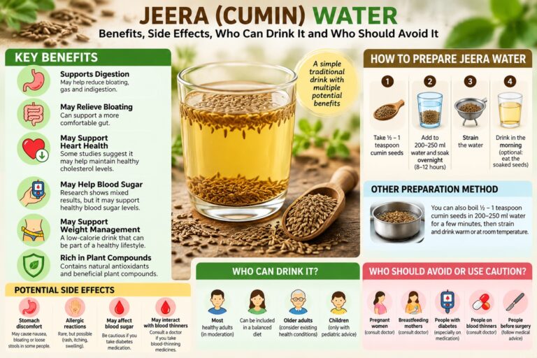 Jeera water benefits, preparation methods, potential side effects, and safety precautions infographic