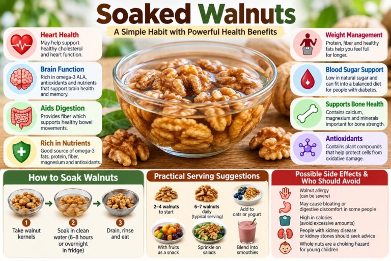 Soaked walnuts benefits infographic showing nutrition, heart health, digestion, serving suggestions, soaking steps, and possible side effects